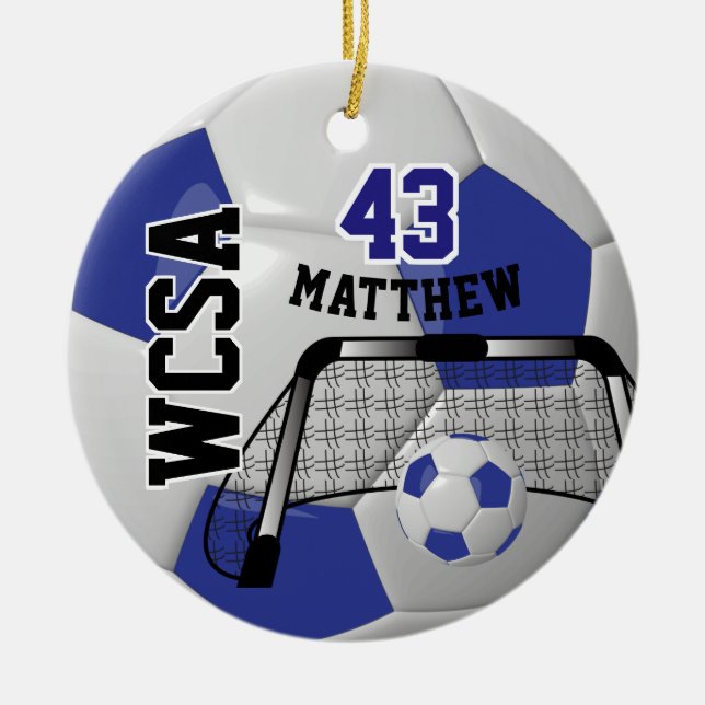 Custom Dunkelblau und Weiß personalisieren Fußball Keramik Ornament (Vorne)