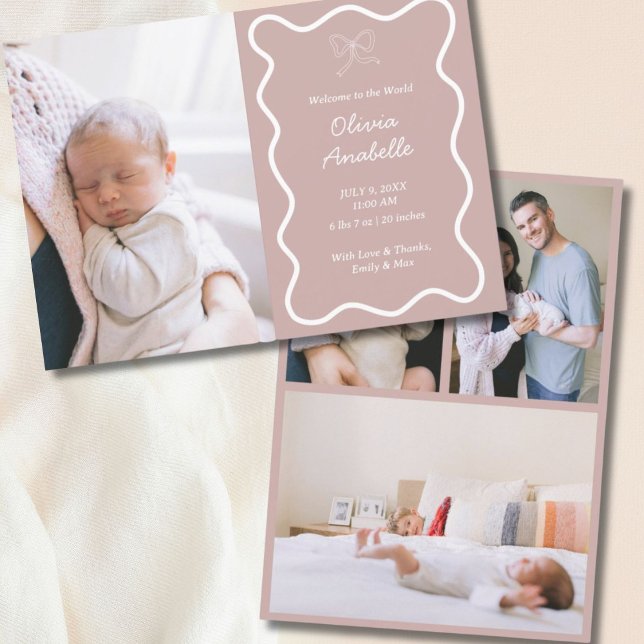 Custom Dusty Pink Bow Wavy Boho Collage Baby Birth Ankündigung (Custom Dusty Pink Bow Wavy Boho Collage Baby Birth Announcement
)