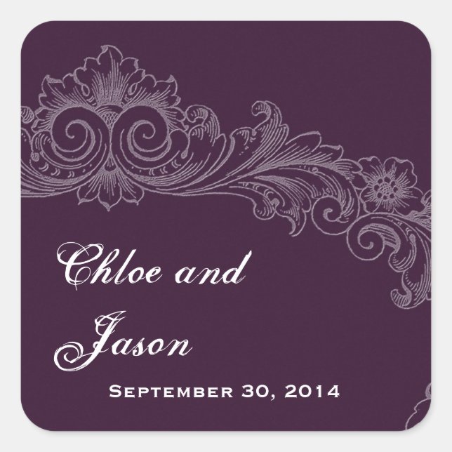 Custom Eggplant Lila Vintage Blumenhochzeit Quadratischer Aufkleber (Vorderseite)