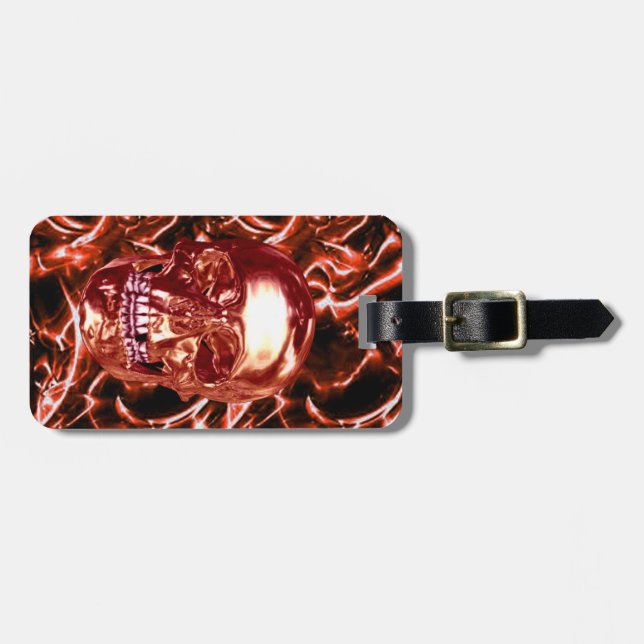 Custom Electric Red Chrome Skull Luggage Tag Gepäckanhänger (Vorderseite horizontal)
