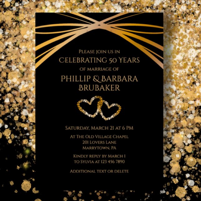 Custom Elegant 50 Jahre alt Original Hearts Einladung (Custom 50th Wedding Anniversary Party Invitation, Golden Modern on Black, romantic hearts.)