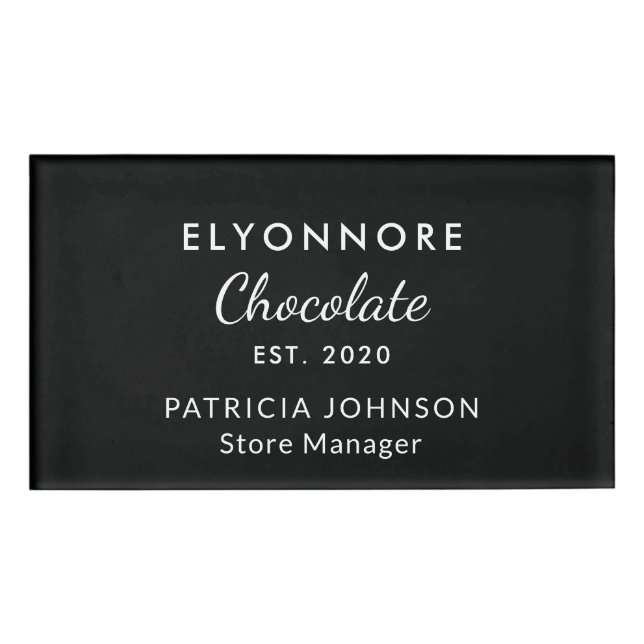 Custom Elegant B&W Minimal Chocolate Brand Staff Namenschild (Vorderseite)