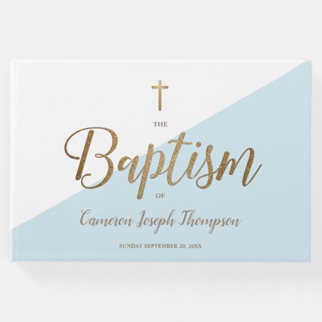 Custom Elegant Blue Cross Baby Taufe Gästebuch (Vorderseite)