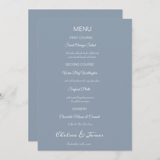 Custom Elegant Dusty Blue Calligraphy Wedding Menükarte (Vorne/Hinten)