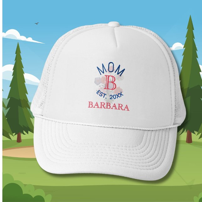 Custom Elegant Floral MOM EST. Monogram Truckerkappe (Von Creator hochgeladen)