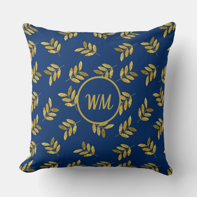 Custom Elegant Gold Foliage Blue Kissen (Vorderseite)