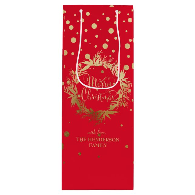 Custom Elegant Gold Red Frohe Weihnachtsfeier Geschenktüte Für Weinflaschen (Vorderseite)