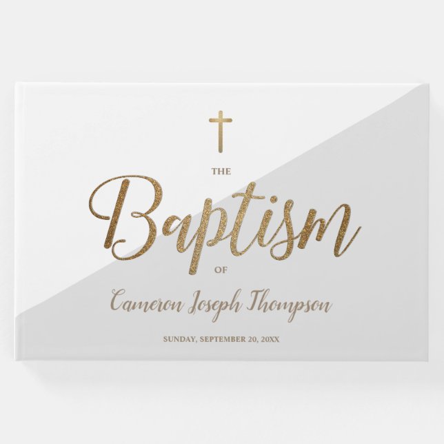Custom Elegant Gray Gold Cross Baby Taufe Gästebuch (Vorderseite)