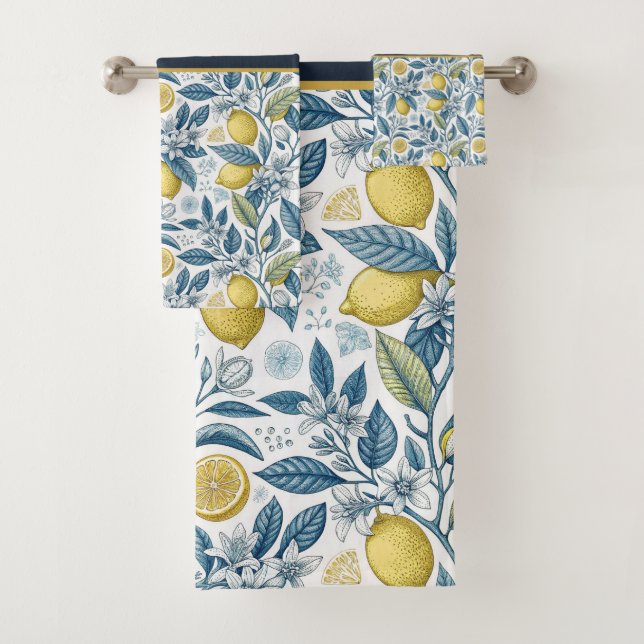 Custom Elegant Mediterranean Lemon Botanical Navy Badhandtuch Set (Insitu)