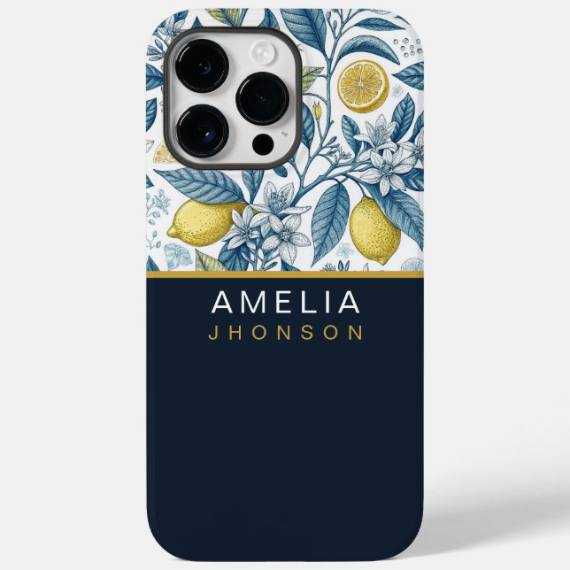 Custom Elegant Mediterranean Lemon Botanical Navy Case-Mate iPhone Hülle (Rückseite)
