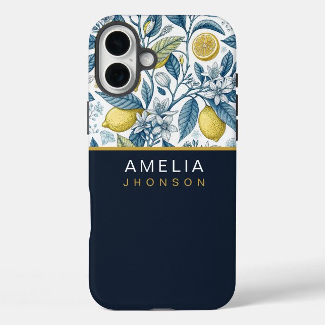 Custom Elegant Mediterranean Lemon Botanical Navy Case-Mate iPhone Hülle (Rückseite)
