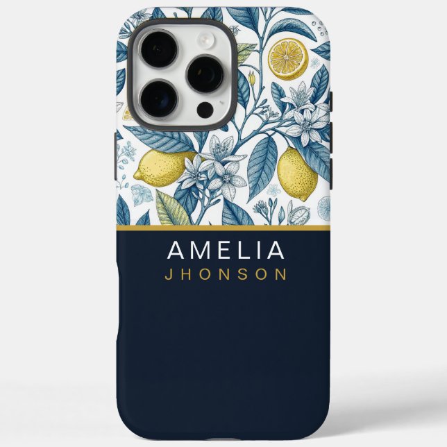 Custom Elegant Mediterranean Lemon Botanical Navy Case-Mate iPhone Hülle (Rückseite)