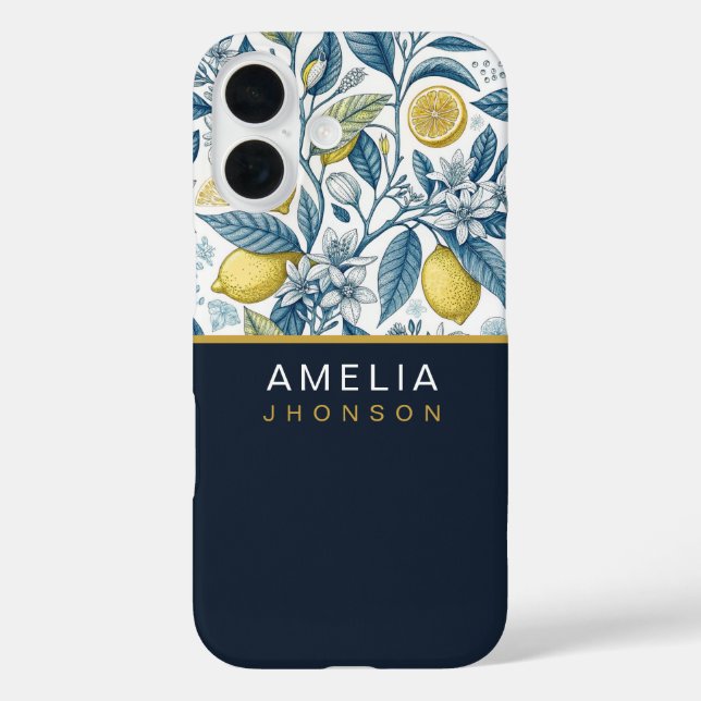 Custom Elegant Mediterranean Lemon Botanical Navy Case-Mate iPhone Hülle (Rückseite)