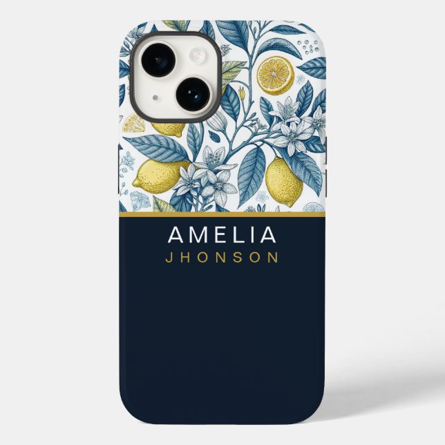 Custom Elegant Mediterranean Lemon Botanical Navy Case-Mate iPhone Hülle (Rückseite)
