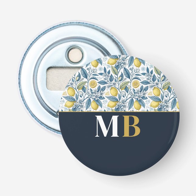 Custom Elegant Mediterranean Lemon Botanical Navy Flaschenöffner (Vorderseite)