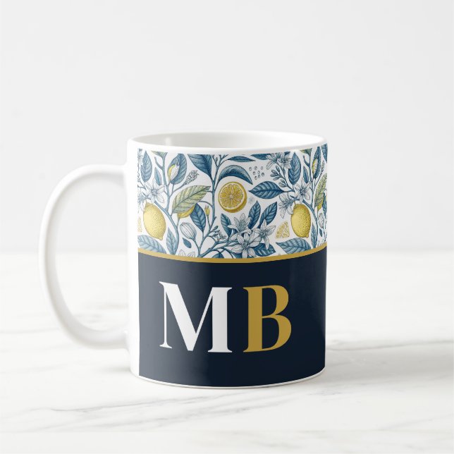 Custom Elegant Mediterranean Lemon Botanical Navy Kaffeetasse (Links)