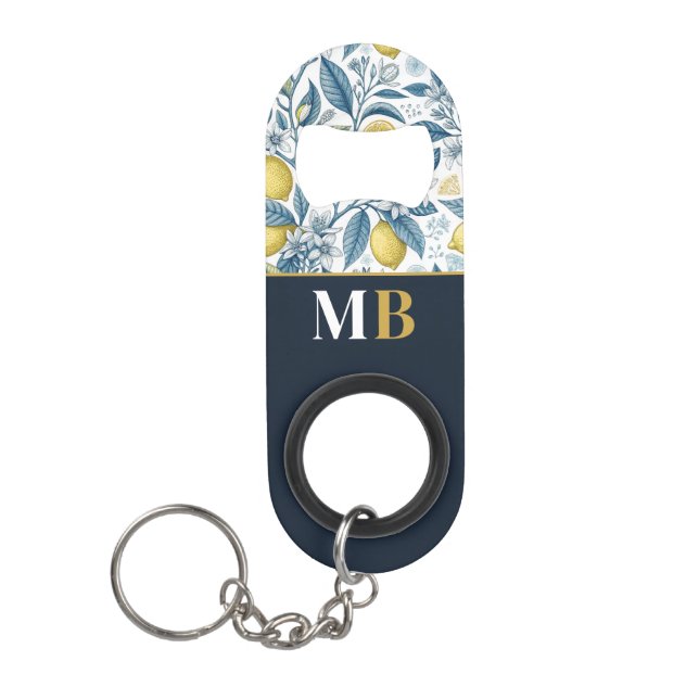 Custom Elegant Mediterranean Lemon Botanical Navy Mini Flaschenöffner (Vorderseite)