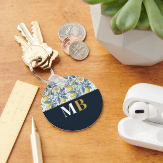 Custom Elegant Mediterranean Lemon Botanical Navy Schlüsselanhänger