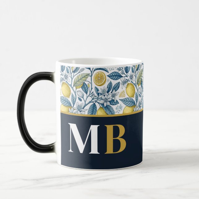 Custom Elegant Mediterranean Lemon Botanical Navy Verwandlungstasse (Links)