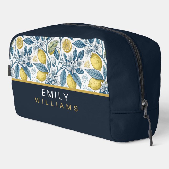 Custom Elegant Mediterranean Lemon Botanical Navy Waschbeutel (Rechte Ecke)