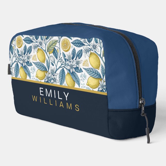 Custom Elegant Mediterranean Lemon Botanical Navy Waschbeutel (Rechte Ecke)