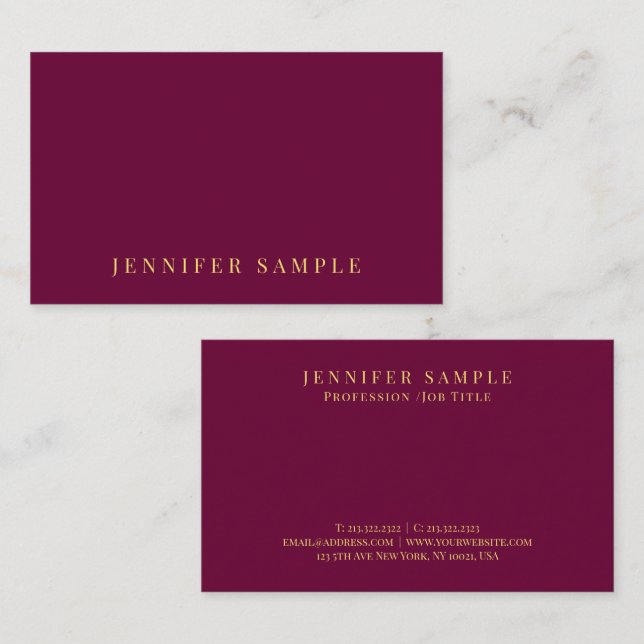 Custom Elegant Modern Burgundy Red Gold Text Visitenkarte (Vorne/Hinten)