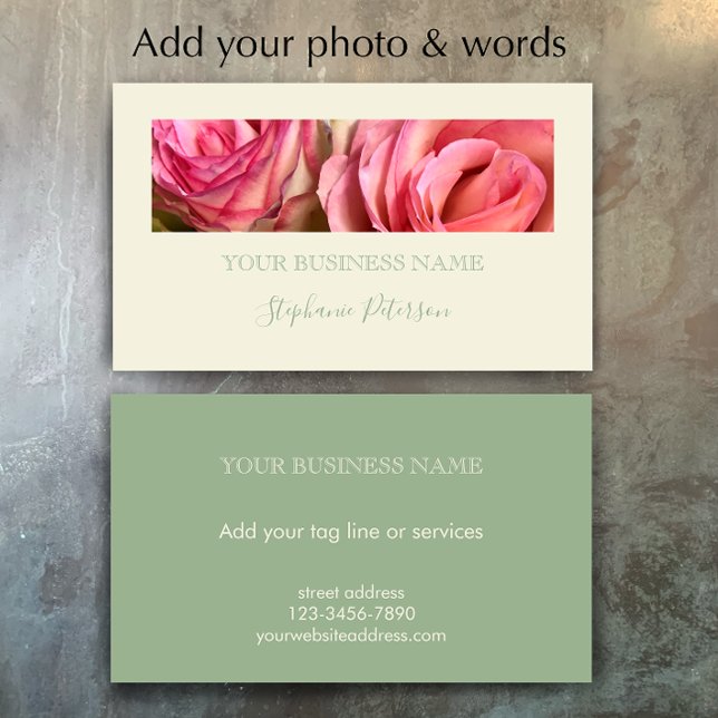 Custom Elegant Modern Sage Green Photo Template  Visitenkarte (Add your photo and words to this elegant modern sage green business card template.
)