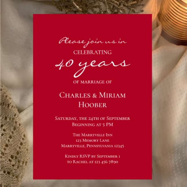 Custom Elegant Ruby 40th Wedding Anniversary Party Einladung (Easily customize this simple elegant ruby 40th anniversary party invitation template
)