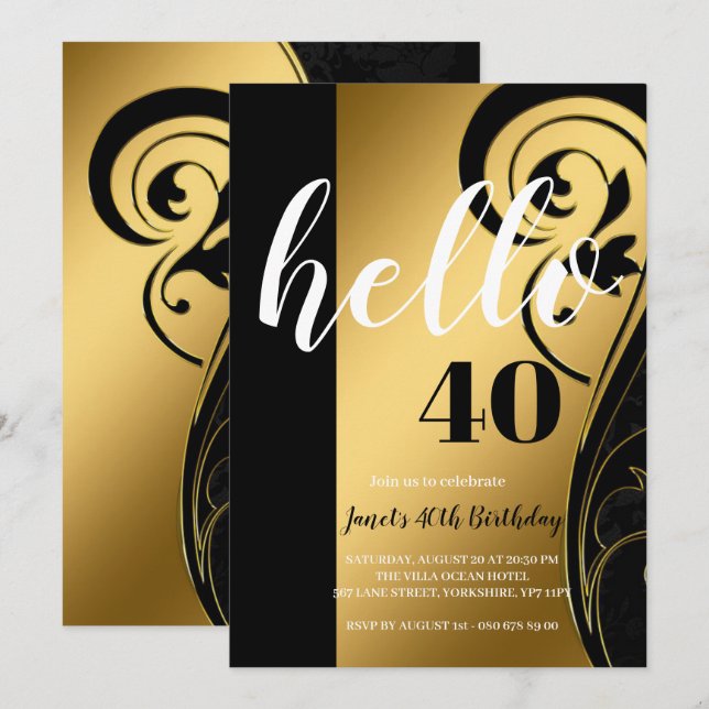 Custom Elegant Schwarz-weiß & Gold Hello 40 Party Einladung (Vorne/Hinten)