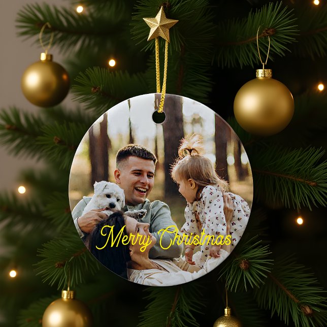 Custom Elegant Script 2-Sided Photo Christmas  Keramik Ornament (Von Creator hochgeladen)