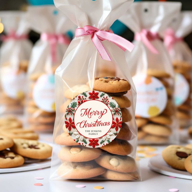 Custom Elegant Script Frohe Weihnachten Runder Aufkleber (Merry Christmas Personalized Round Sticker)