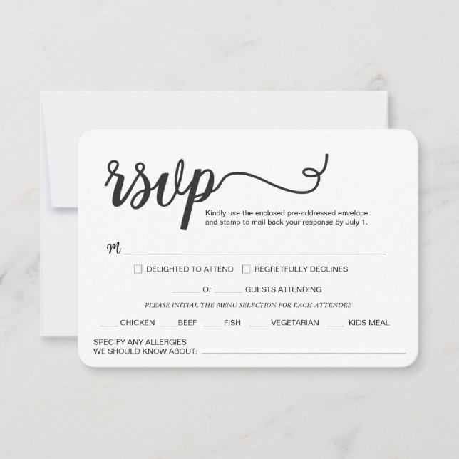 Custom Elegant script Hochzeit Mahlzeiten alle All RSVP Karte (Vorderseite)