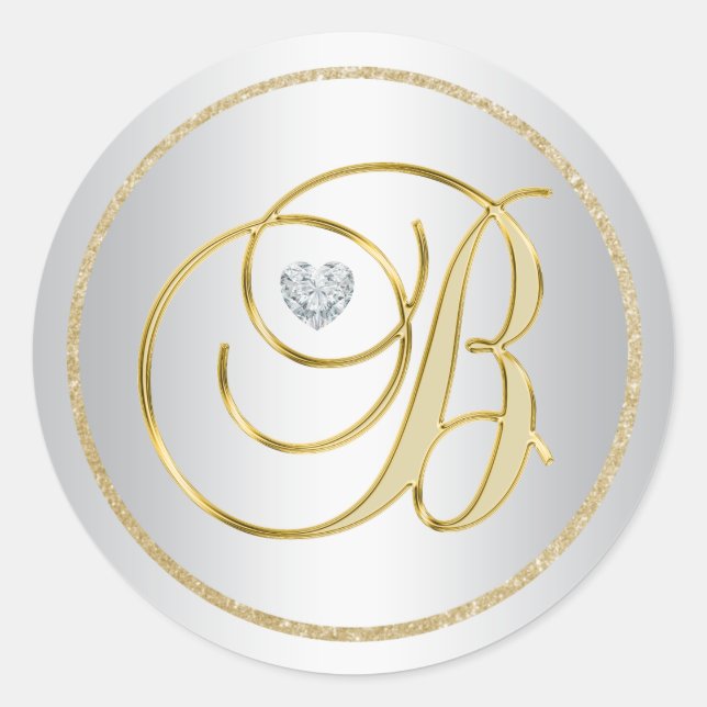 Custom Elegant Silver Gold Mit Monogramm 'B' Weddi Runder Aufkleber (Vorderseite)