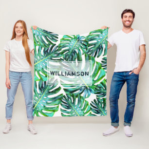 Custom Elegant Tropical Greenery Hawaii Leaf Fleecedecke