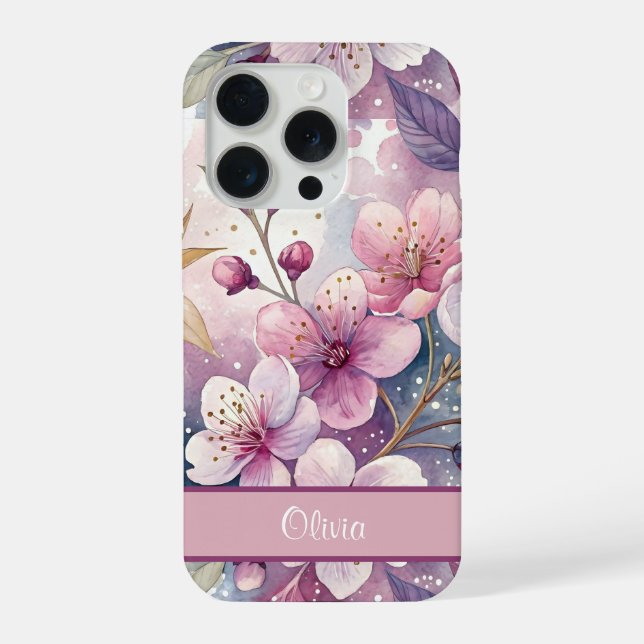 Custom Elegant Watercolor Cherry Blossom Sakura iPhone Hülle (Rückseite)