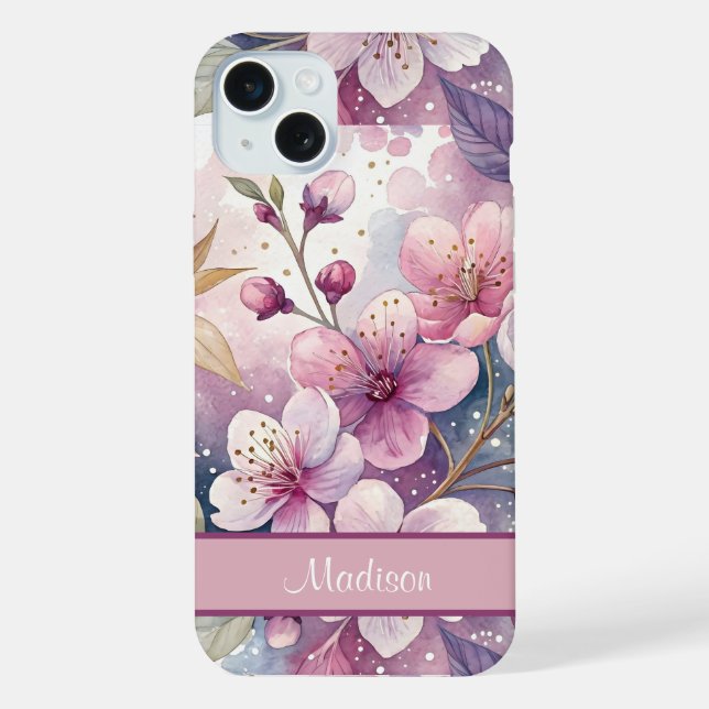 Custom Elegant Watercolor Cherry Blossom Sakura iPhone Hülle (Rückseite)