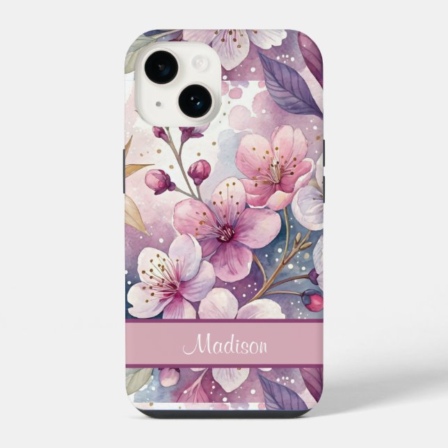Custom Elegant Watercolor Cherry Blossom Sakura iPhone Hülle (Rückseite)