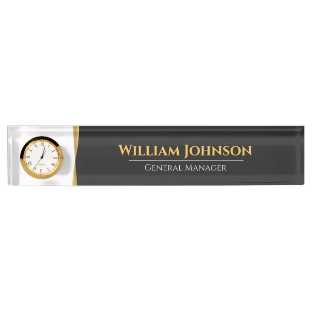 Custom Elegante Black and Gold Desk Clock Namenpla Namensplakette (Vorderseite)