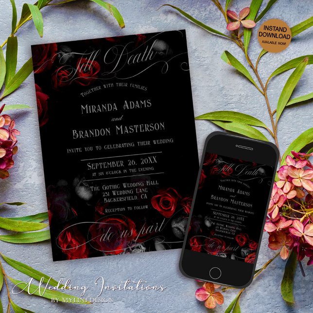 Custom Elegante Black and Red Floral Wedding Einladung (Von Creator hochgeladen)