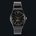 Custom Elegante Black Gold Monogram Silicone Strap Armbanduhr<br><div class="desc">Gestalten Sie Ihre eigene, personalisierte, elegante und coole, einzigartige Imitate, goldfarbene und schwarze Stunden, mit Monogramm, Damen und Herren unisex, stilvolle, schwarze Silikonrippenuhr. Geben Sie einfach Ihren Namen / Monogramm / Initialen ein, um Ihre Wünsche anzupassen. Macht ein großartiges Geschenk, zum Geburtstag, Abschluss, Vatertag, Muttertag, Weihnachten, Feiertage, Hochzeit, Hochzeitstag, Valentinstag...</div>