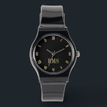 Custom Elegante Black Gold Monogram Silicone Strap Armbanduhr<br><div class="desc">Gestalten Sie Ihre eigene, personalisierte, elegante und coole, einzigartige Imitate, goldfarbene und schwarze Stunden, mit Monogramm, Damen und Herren unisex, stilvolle, schwarze Silikonrippenuhr. Geben Sie einfach Ihren Namen / Monogramm / Initialen ein, um Ihre Wünsche anzupassen. Macht ein großartiges Geschenk, zum Geburtstag, Abschluss, Vatertag, Muttertag, Weihnachten, Feiertage, Hochzeit, Hochzeitstag, Valentinstag...</div>