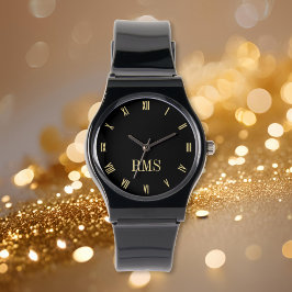 Custom Elegante Black Gold Monogram Silicone Strap Armbanduhr