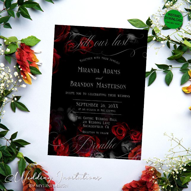 Custom Elegante Black Red Floral Wedding Einladung (Von Creator hochgeladen)