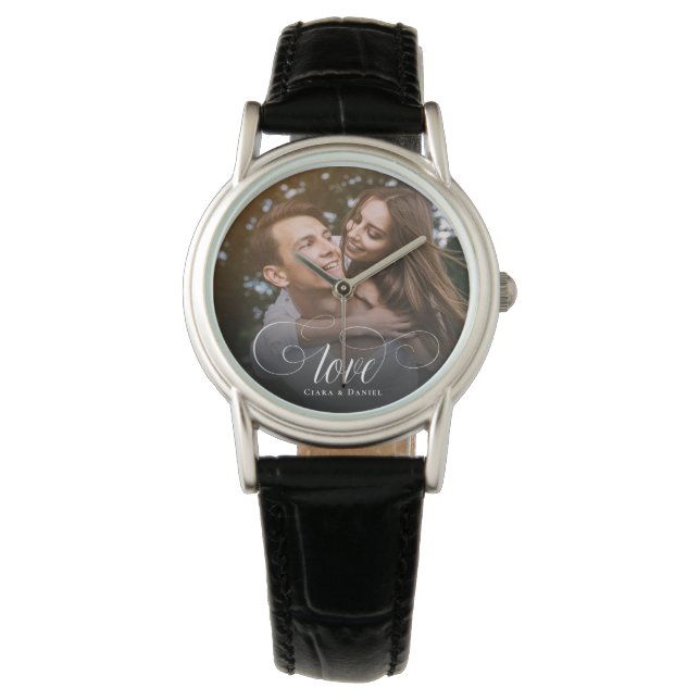 Custom Elegante Calligraphy Couple Wedding Foto Armbanduhr (Vorderseite)