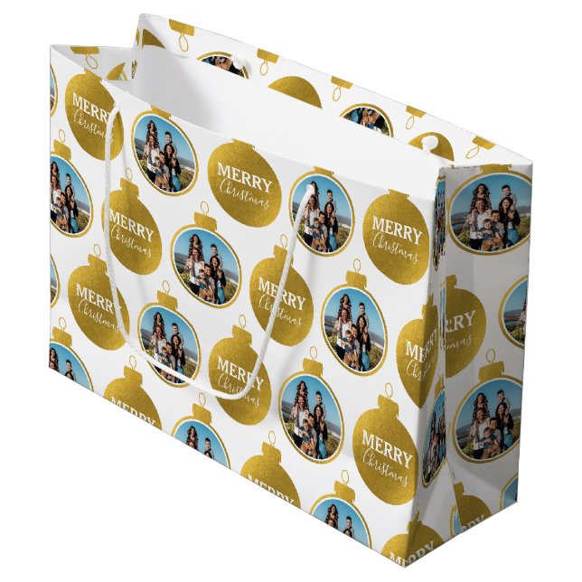 Custom Elegante Gold Foto Ornamente Weihnachten Große Geschenktüte (Vorderseite Schrägansicht)