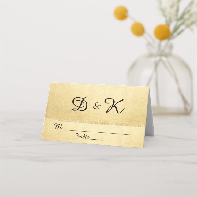 Custom Elegante Monogram Gold Glitzer Wedding Platzkarte (Vorderseite)