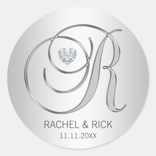 Custom Elegante Silver Mit Monogramm Wedding Runder Aufkleber (Vorderseite)