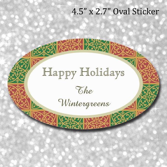 Custom Eleganter Geschenkaufkleber mit rotem und g Ovaler Aufkleber (Red Green Fleur-de-Lis Elegant Christmas Holiday Oval Sticker)