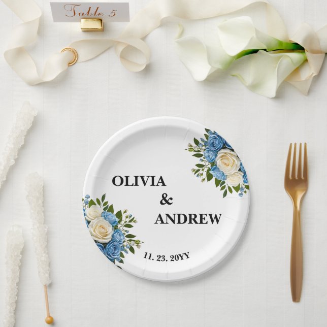 Custom Eleganto Blau und Weiß Blumen Pappteller (Hochzeit)