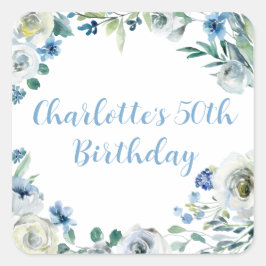 Custom Eleganto Blue White Floral Geburtstagsparty Quadratischer Aufkleber